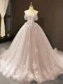Ball Gown Off-the-Shoulder Chapel Train Tulle Prom Dress With Appliques Lace