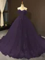Ball Gown Off-the-Shoulder Chapel Train Tulle Prom Dress With Appliques Lace