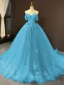 Ball Gown Off-the-Shoulder Chapel Train Tulle Prom Dress With Appliques Lace