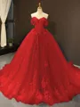 Ball Gown Off-the-Shoulder Chapel Train Tulle Prom Dress With Appliques Lace