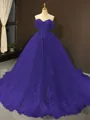 Ball Gown Off-the-Shoulder Chapel Train Tulle Prom Dress With Appliques Lace