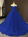 Ball Gown Off-the-Shoulder Chapel Train Tulle Prom Dress With Appliques Lace