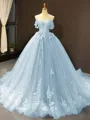 Ball Gown Off-the-Shoulder Chapel Train Tulle Prom Dress With Appliques Lace