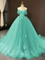 Ball Gown Off-the-Shoulder Chapel Train Tulle Prom Dress With Appliques Lace