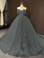Ball Gown Off-the-Shoulder Chapel Train Tulle Prom Dress With Appliques Lace