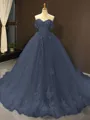 Ball Gown Off-the-Shoulder Chapel Train Tulle Prom Dress With Appliques Lace