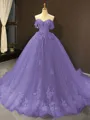 Ball Gown Off-the-Shoulder Chapel Train Tulle Prom Dress With Appliques Lace