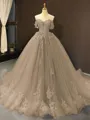 Ball Gown Off-the-Shoulder Chapel Train Tulle Prom Dress With Appliques Lace