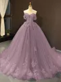 Ball Gown Off-the-Shoulder Chapel Train Tulle Prom Dress With Appliques Lace