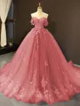 Ball Gown Off-the-Shoulder Chapel Train Tulle Prom Dress With Appliques Lace