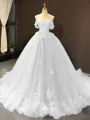 Ball Gown Off-the-Shoulder Chapel Train Tulle Prom Dress With Appliques Lace
