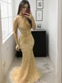 Trumpet/Mermaid Halter Sweep Train Tulle Prom Dress With Beading