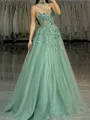 A-line Sweetheart Appliques Lace Floor-Length Tulle Corset Porm Dress