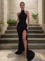 Sheath/Column Halter Sweep Train Velvet Sequins Prom Dress With Leg Slit