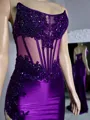 Sheath Straight Appliques Lace Sweep Train Silk Like Satin Corset Porm Dress
