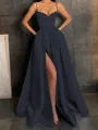 A-Line/Princess V-neck Floor-Length Satin Prom Dress With Leg Slit