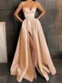 A-Line/Princess V-neck Floor-Length Satin Prom Dress With Leg Slit