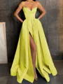 A-Line/Princess V-neck Floor-Length Satin Prom Dress With Leg Slit