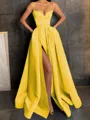 A-Line/Princess V-neck Floor-Length Satin Prom Dress With Leg Slit