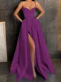 A-Line/Princess V-neck Floor-Length Satin Prom Dress With Leg Slit