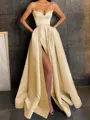 A-Line/Princess V-neck Floor-Length Satin Prom Dress With Leg Slit