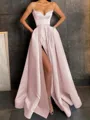 A-Line/Princess V-neck Floor-Length Satin Prom Dress With Leg Slit
