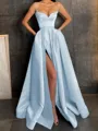 A-Line/Princess V-neck Floor-Length Satin Prom Dress With Leg Slit