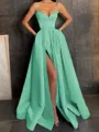A-Line/Princess V-neck Floor-Length Satin Prom Dress With Leg Slit