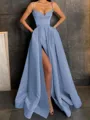 A-Line/Princess V-neck Floor-Length Satin Prom Dress With Leg Slit
