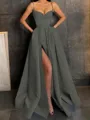 A-Line/Princess V-neck Floor-Length Satin Prom Dress With Leg Slit