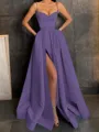 A-Line/Princess V-neck Floor-Length Satin Prom Dress With Leg Slit