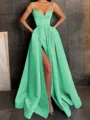 A-Line/Princess V-neck Floor-Length Satin Prom Dress With Leg Slit