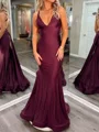 Trumpet Jersey V-neck Sleeveless Sweep Train Prom Dresses