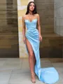 Sheath/Column Spaghetti Straps Sweep Train Satin Prom Dress With Leg Slit