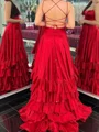 A-line Silk Like Satin Spaghetti Straps Sleeveless Court Train Prom Dresses