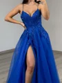 A-line V-neck Appliques Lace Sweep Train Tulle Corset Prom Dress