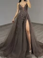 A-line Spaghetti Straps Appliques Lace Court Train Tulle Prom Dress