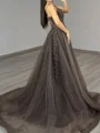 A-line Spaghetti Straps Appliques Lace Court Train Tulle Prom Dress