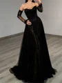 A-line Straight Long Sleeves Appliques Lace Sweep Train Tulle Corset Prom Dress