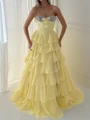 A-line Sweetheart Cascading Ruffles Sweep Train Chiffon Corset Prom Dress