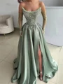 A-line Straight Long Sleeves Beading Floor-Length Silk Like Satin Corset Prom Dress