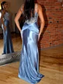 Sheath Straps Rhinestone Sweep Train Silk Like Satin Corset Prom Dress