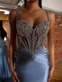 Sheath Straps Rhinestone Sweep Train Silk Like Satin Corset Prom Dress