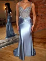 Sheath Straps Rhinestone Sweep Train Silk Like Satin Corset Prom Dress