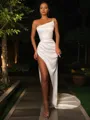 Sheath/Column Strapless Sweep Train Satin Prom Dress With Leg Slit