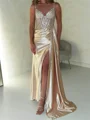 Sheath Straps Sequin Sweep Train Silk Like Satin Corset Prom Dress