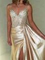 Sheath Straps Sequin Sweep Train Silk Like Satin Corset Prom Dress