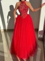 A-line Halter Beading Floor-Length Tulle Corset Prom Dress