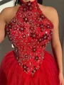 A-line Halter Beading Floor-Length Tulle Corset Prom Dress
