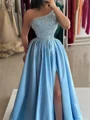 A-line One-Shoulder Beading Floor-Length Charmeuse Corset Prom Dress